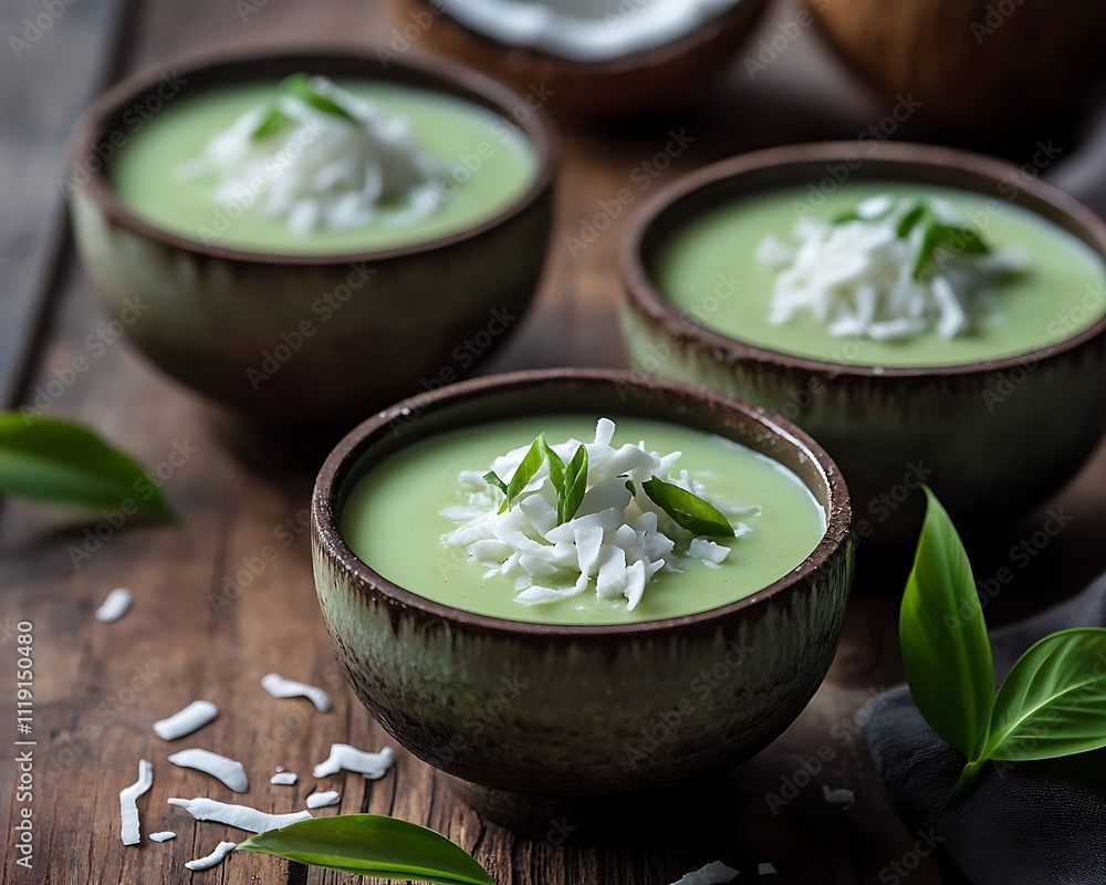 Thai Dessert Delights, Delicious Thai Pandan Custard in Ceramic Bowls Thai Dessert Delights, Delicious Thai Pandan Custard in Ceramic Bowls