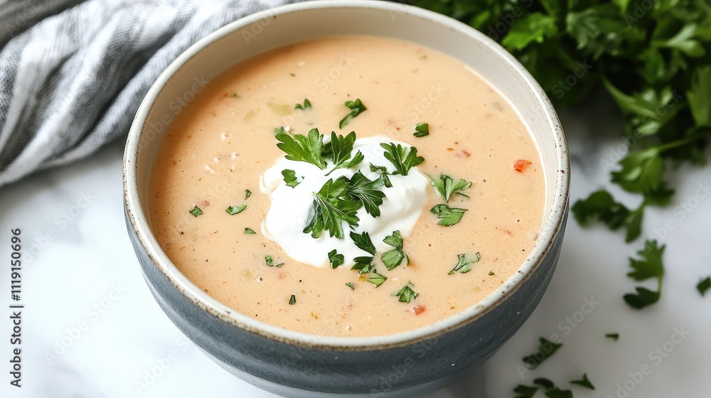 Creamy Soup with Fresh Herbs and Toppings in a Rustic Bowl Creamy Soup with Fresh Herbs and Toppings in a Rustic Bowl