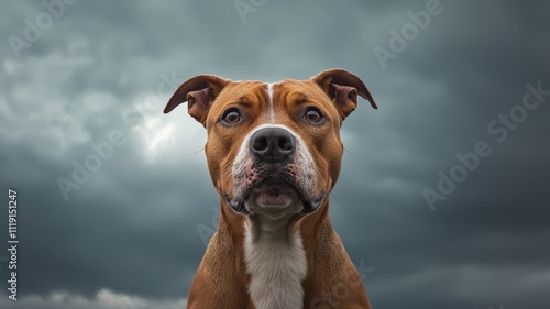 A stoic dog gazes into the distance against a dramatic stormy sky, showcasing its strength and resilience.