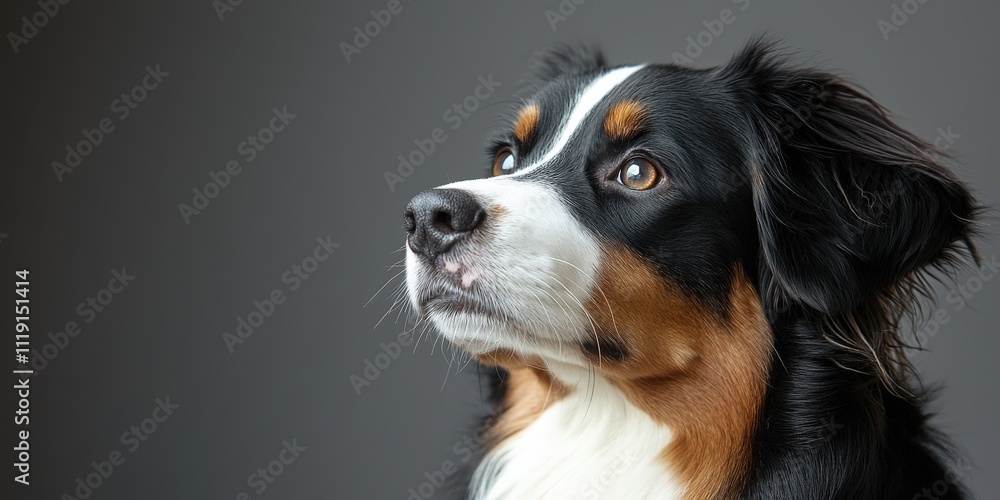 A close-up portrait of a Bernese Mountain Dog displaying a thoughtful expression against a dark background. A close-up portrait of a Bernese Mountain Dog displaying a thoughtful expression against a dark background.