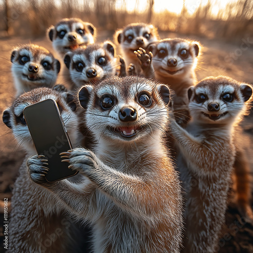 A group of meercats taking a selfie with a smartphone.