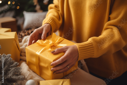 Femme en pull jaune tenant un coffret cadeau doré avec un ruban, ambiance chaleureuse et festive devant des décorations de Noël. photo