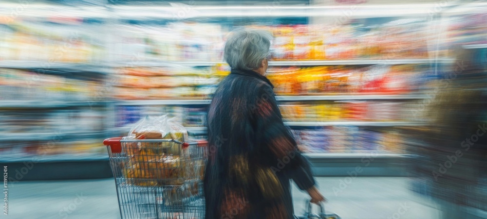 Obraz premium Blurred Motion in Supermarket: A Woman Shopping