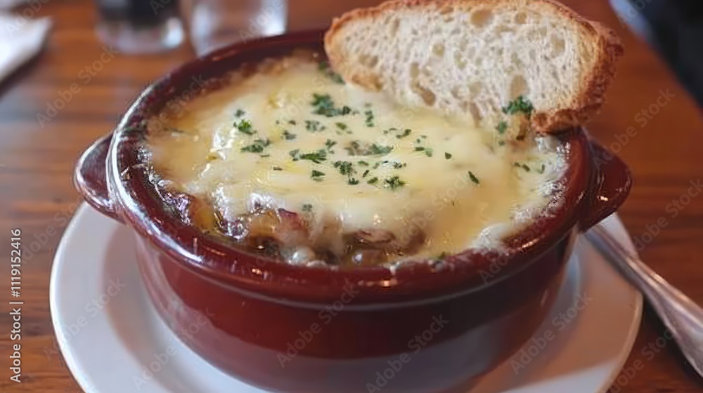 Delicious French Onion Soup with Melted Cheese and Toasted Bread Delicious French Onion Soup with Melted Cheese and Toasted Bread