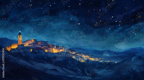 Vibrant watercolor illustration of Bethlehem under a night sky 