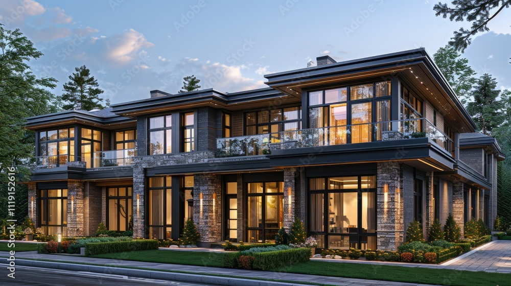 Luxurious modern home with stone facade, large windows, and outdoor lighting at dusk. Luxurious modern home with stone facade, large windows, and outdoor lighting at dusk.