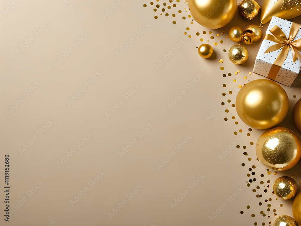 Obraz premium Christmas or luxury greeting card background with golden decorations. empty space for text and design. 300dpi. 