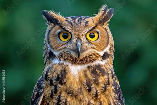 Close-up portrait of a great horned owl with intense yellow eyes against a blurred green background.