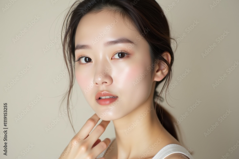 Natural beauty portrait of an Asian woman with glowing, flawless skin and minimal makeup, gently touching her neck, highlighting elegance and wellness in soft lighting. Natural beauty portrait of an Asian woman with glowing, flawless skin and minimal makeup, gently touching her neck, highlighting elegance and wellness in soft lighting.