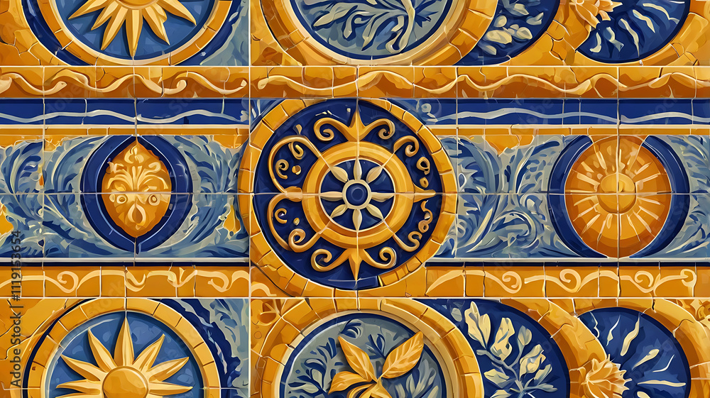 Decorative tiles showcasing Mediterranean themes like the sun, waves, and olive branches in bright yellow and cobalt blue Decorative tiles showcasing Mediterranean themes like the sun, waves, and olive branches in bright yellow and cobalt blue