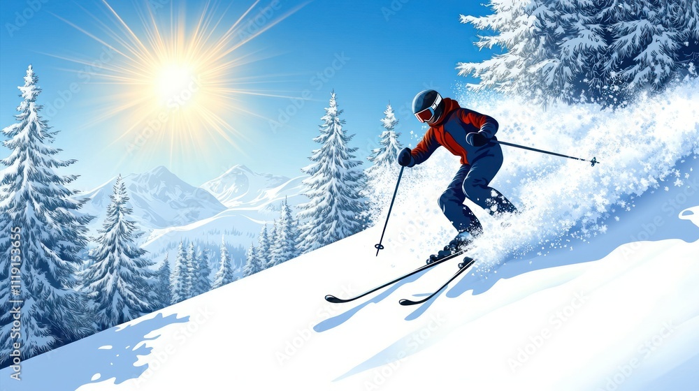 A skier gracefully descends a snowy slope under a bright sun, surrounded by pine trees. A skier gracefully descends a snowy slope under a bright sun, surrounded by pine trees.