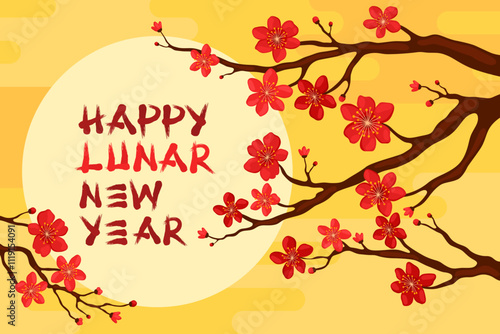 Happy Lunar New Year. Branch with red sakura flowers on a yellow background. Card or banner for Chinese New Year, Tet. Spring apricot, cherry or apple flowers.