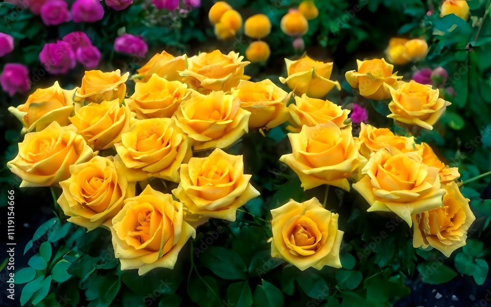 A vibrant yellow rose garden in full bloom, with bright, cheerful yellow roses. A vibrant yellow rose garden in full bloom, with bright, cheerful yellow roses.