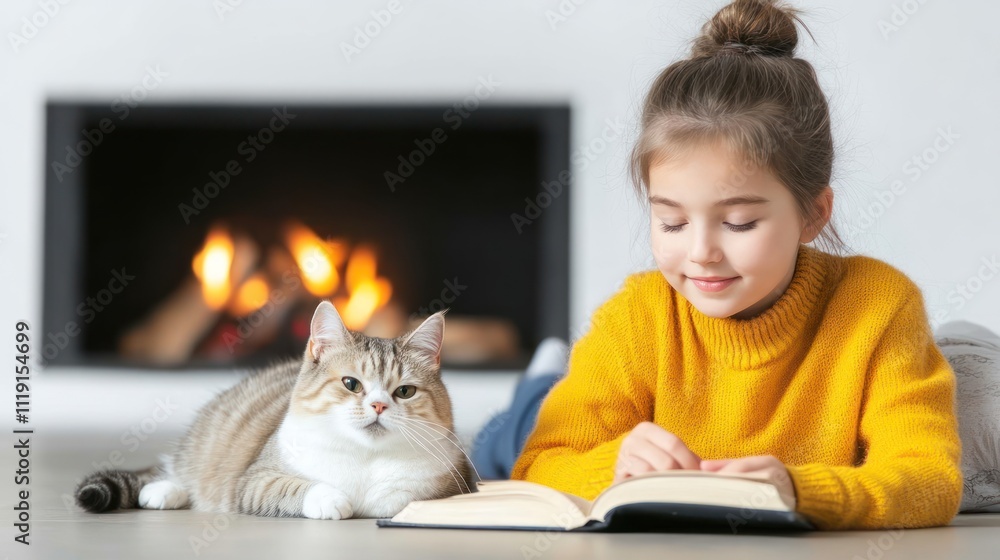 Child reading a book beside a cat by a cozy fireplace. Child reading a book beside a cat by a cozy fireplace.