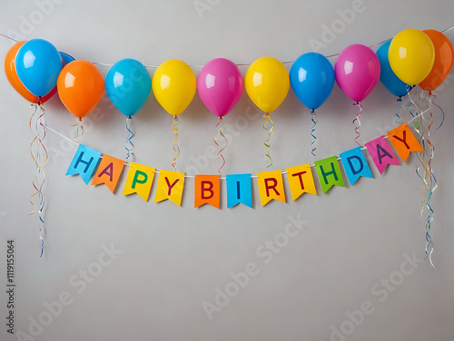 colorful celebration and  happy birthday banner with balloons, perfect for design. 300dpi