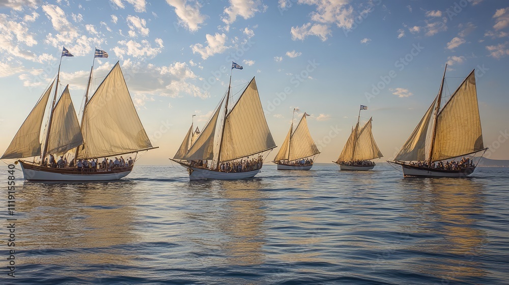 Naklejka premium Traditional Sailing Vessels with White Sails Gliding on Water