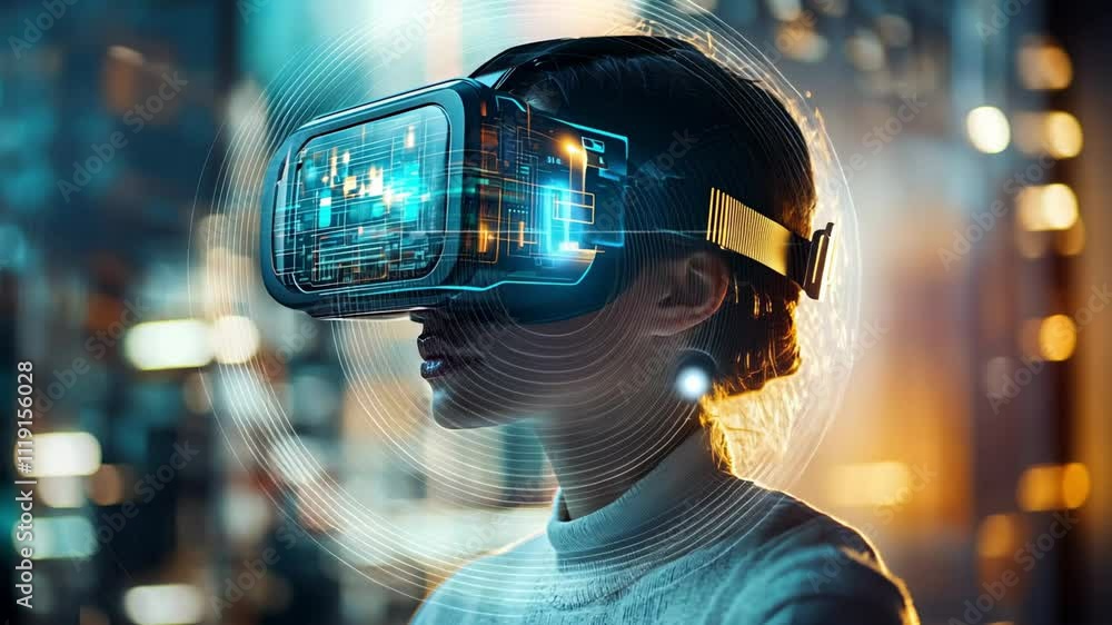 A woman wearing a futuristic VR headset, immersed in a digital experience. A woman wearing a futuristic VR headset, immersed in a digital experience.