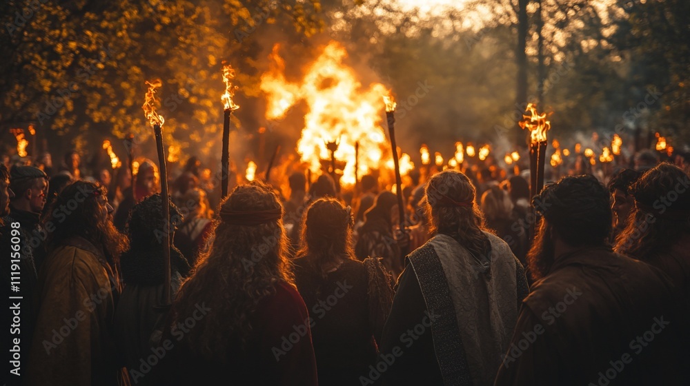 Crowd gathers around a large bonfire at night, holding torches. Crowd gathers around a large bonfire at night, holding torches.