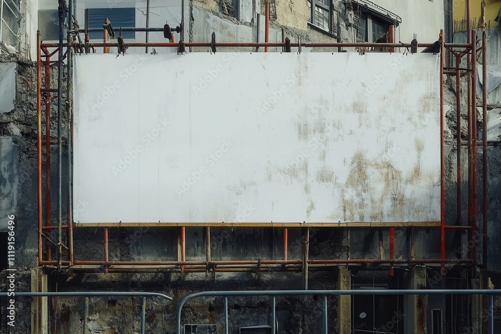 Large blank billboard on scaffolding, urban setting. Perfect for mockups, advertising, or urban decay themes. Large blank billboard on scaffolding, urban setting. Perfect for mockups, advertising, or urban decay themes.