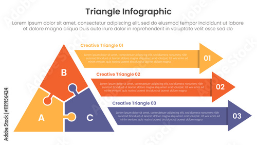 triangle base shape infographic template banner with puzzle jigsaw shape and long arrow shape with 3 point for slide presentation