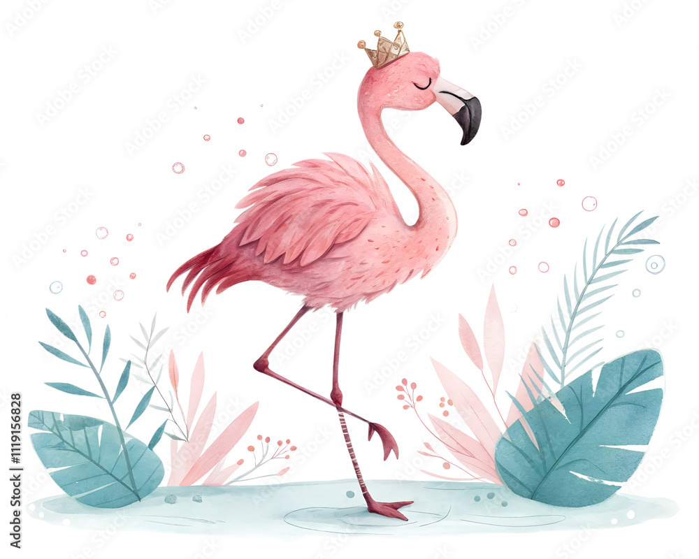 Fototapeta premium cute flamingo standing on one leg with a crown watercolor sketch illustration