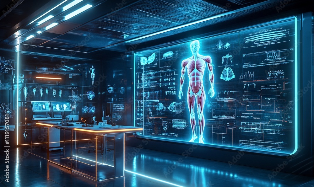 Futuristic medical lab with holographic human anatomy projection. Futuristic medical lab with holographic human anatomy projection.