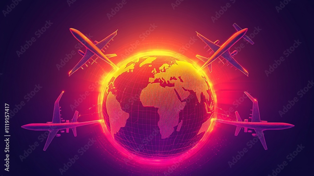 Global air travel concept with airplanes surrounding glowing Earth. Global air travel concept with airplanes surrounding glowing Earth.