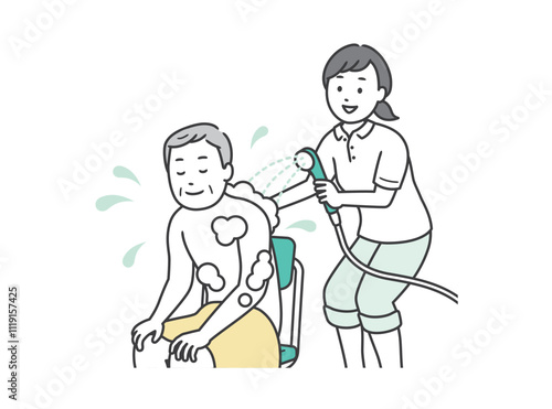 入浴介助をする介護士とシャワーを浴びる高齢男性のイラスト