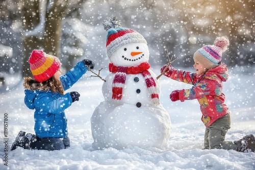 Children Building Snowman in Winter Wonderland photo