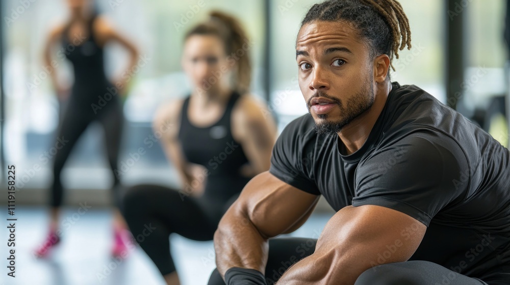A fitness instructor demonstrating proper squat technique in a class setting. A fitness instructor demonstrating proper squat technique in a class setting.