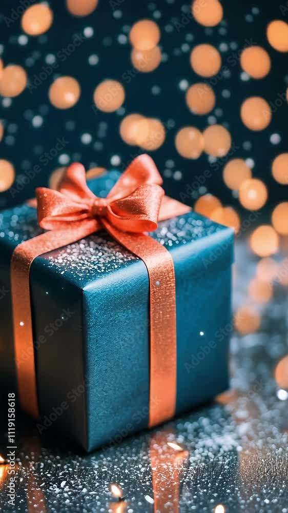 Festive gift box with red ribbon against sparkling bokeh lights Festive gift box with red ribbon against sparkling bokeh lights