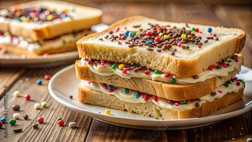 A decadent triple-decker sandwich layered with creamy filling and adorned with a sprinkle of colorful confetti, sitting on a white plate against a rustic wooden backdrop. photo