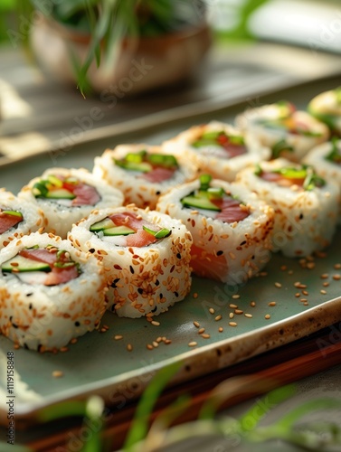 Close up Ichiban roll with eel, avocado, cucumber, and spicy tuna ceramic plate photo