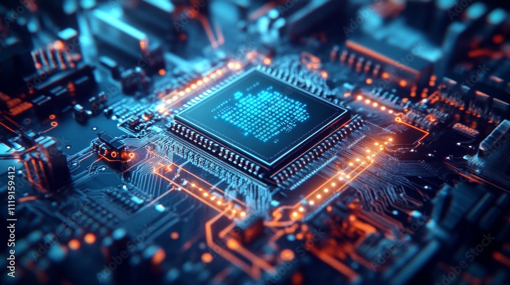 Close-up view of a computer chip on a circuit board with electronic components in a futuristic, top-down perspective Close-up view of a computer chip on a circuit board with electronic components in a futuristic, top-down perspective