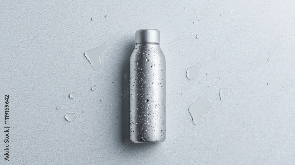 Floating minimalist aluminum water bottle pristine white design condensation droplets precision engineering modern lifestyle concept Floating minimalist aluminum water bottle pristine white design condensation droplets precision engineering modern lifestyle concept