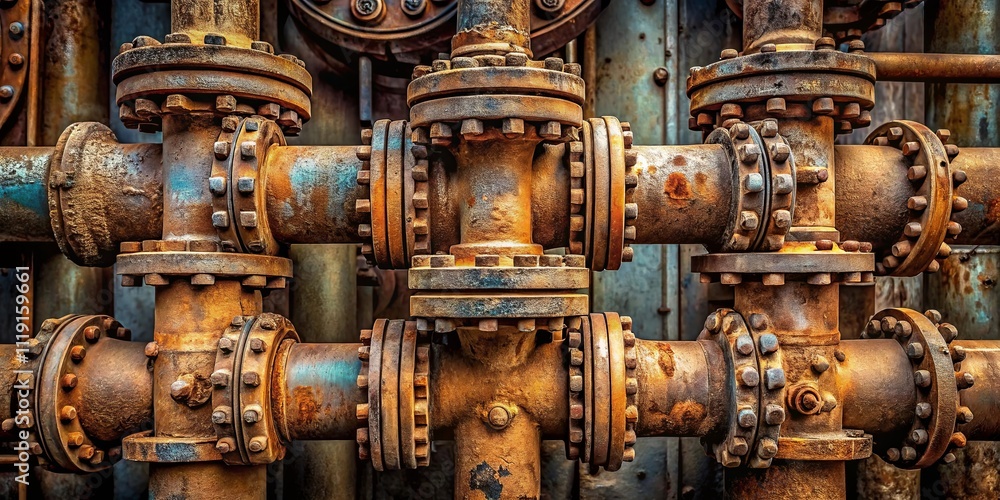 A complex network of rusted pipes, each one telling a story of industrial resilience and the passage of time. A complex network of rusted pipes, each one telling a story of industrial resilience and the passage of time.