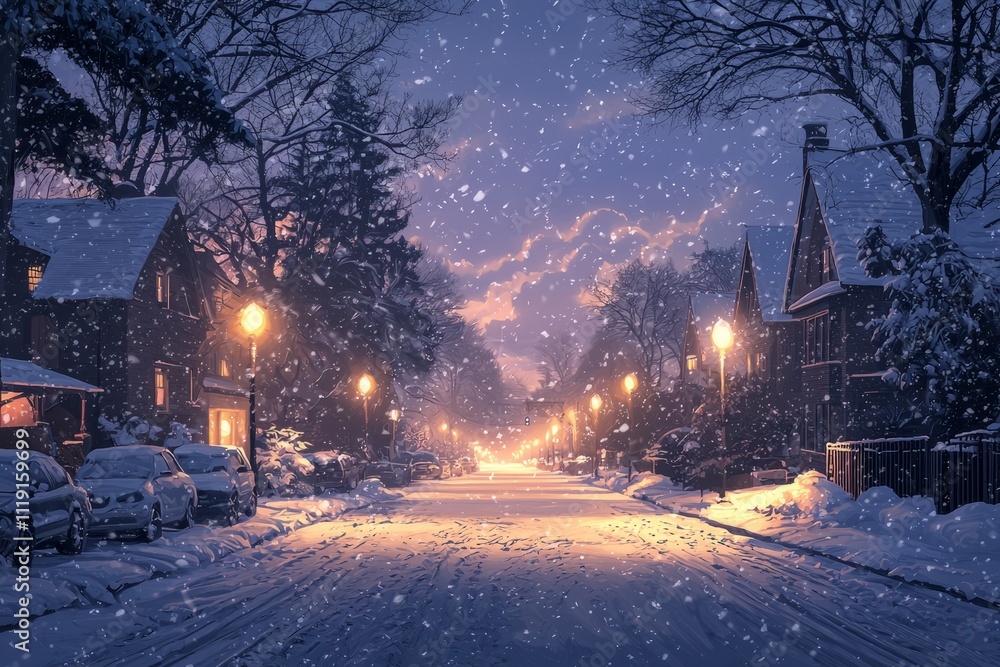 A quiet winter night with snow falling softly, and the glow of streetlights illuminating a peaceful neighborhood A quiet winter night with snow falling softly, and the glow of streetlights illuminating a peaceful neighborhood