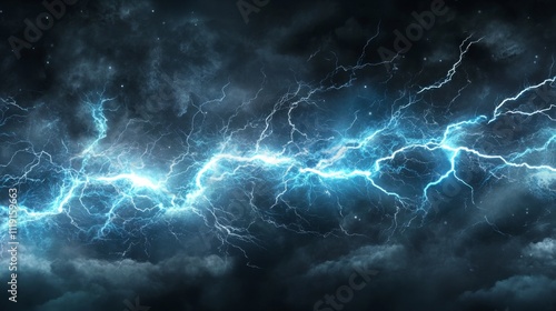 Dramatic Lightning Storm Illustration with Bright Blue Bolts Striking in Dark Cloudy Background for Adobe Stock
