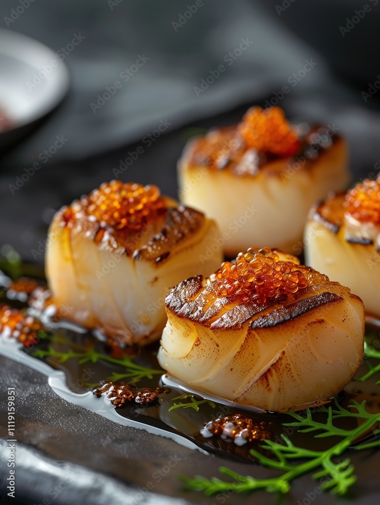 Hotate sashimi, seared scallop served on dark background ceramic plate Hotate sashimi, seared scallop served on dark background ceramic plate