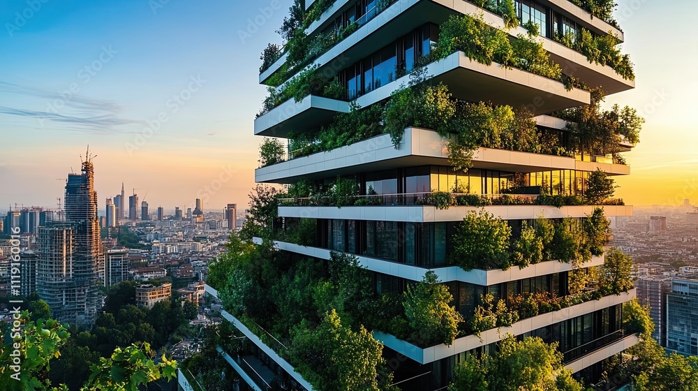 Modern Green Building Cityscape Sunset View Modern Green Building Cityscape Sunset View
