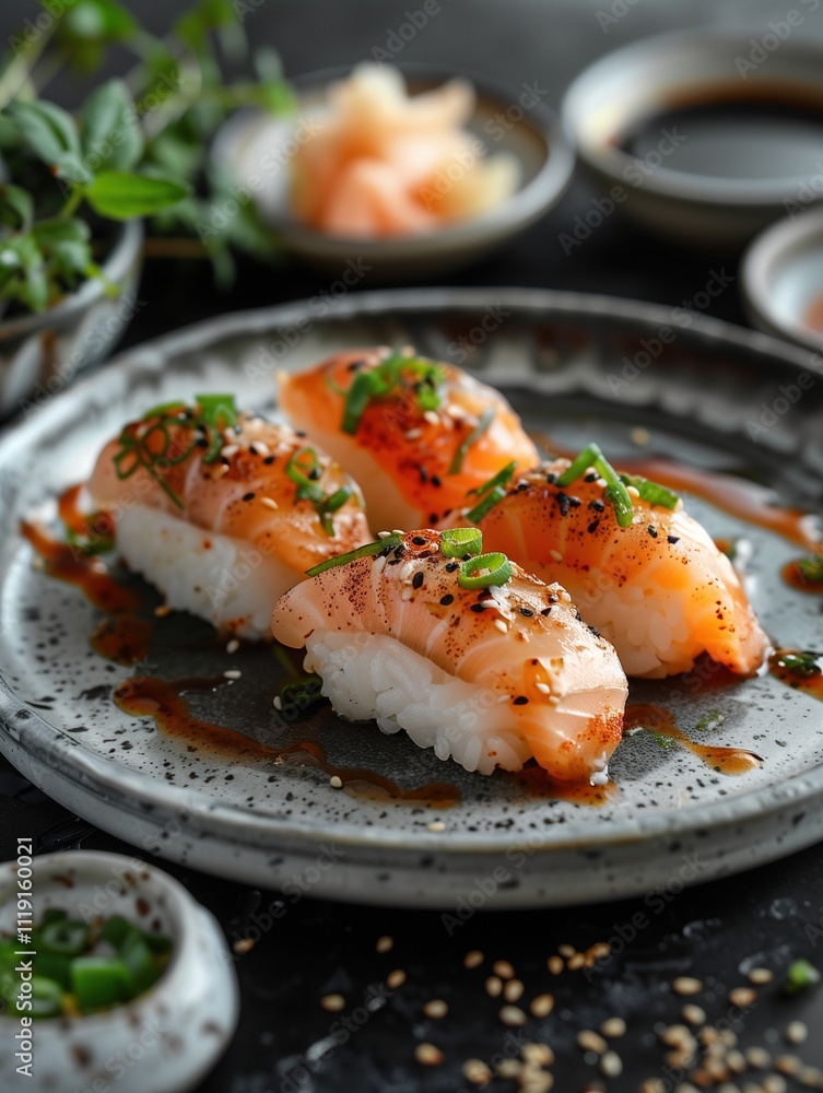 Traditional Hokkigai Nigiri, surf clam sushi on rice, close up photo with dark background Traditional Hokkigai Nigiri, surf clam sushi on rice, close up photo with dark background
