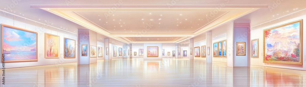 A spacious art gallery showcasing various paintings with bright lighting and polished floors. A spacious art gallery showcasing various paintings with bright lighting and polished floors.