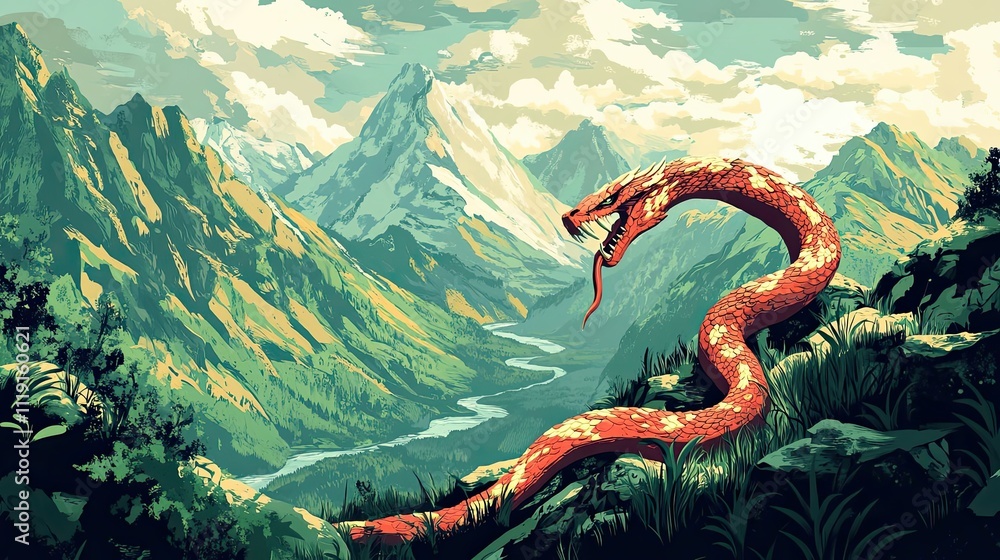 Obraz premium Majestic Serpent Coiled Above a Mountain Valley Landscape
