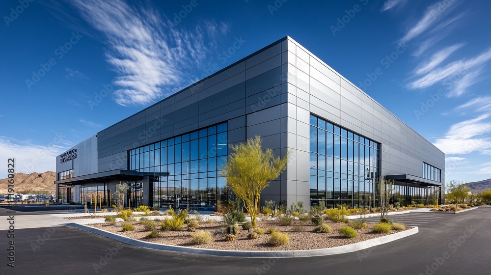 Obraz premium Modern commercial building with large windows and desert landscaping.