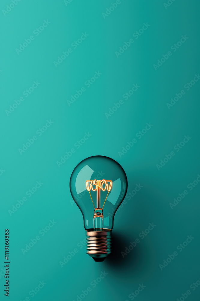 Glowing Lightbulb Filament on Teal Background Minimalist Design Concept for Creativity and Inspiration Glowing Lightbulb Filament on Teal Background Minimalist Design Concept for Creativity and Inspiration
