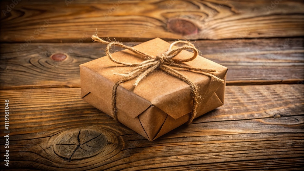 A rustic brown gift box with twine tied in a bow sits on a weathered wooden surface, showcasing the simple elegance of handmade presents. A rustic brown gift box with twine tied in a bow sits on a weathered wooden surface, showcasing the simple elegance of handmade presents.