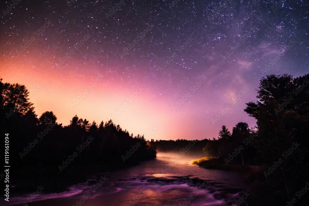 Night Sky with Stars and a Serene River Scene Night Sky with Stars and a Serene River Scene
