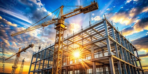 A towering yellow crane lifts steel beams against a backdrop of vibrant, sunset-hued clouds, signifying the tireless effort and dynamic progress of construction