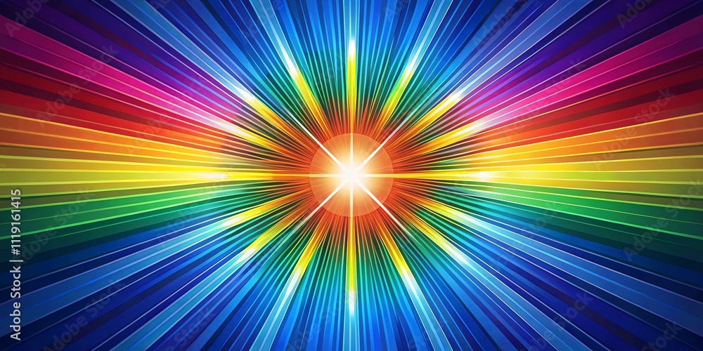 Obraz premium A vibrant abstract design with a central burst of light surrounded by a colorful array of radiating stripes.