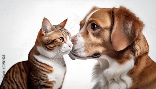 A brown and white dog nuzzles a brown tabby cat against a white background.